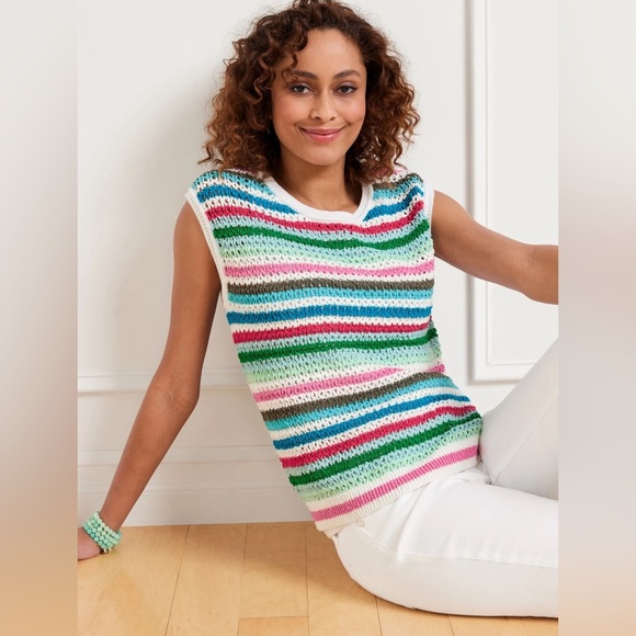 Talbots Crocheted Cap Sleeve Top Multicolored Stripe Size L - Picture 1 of 8